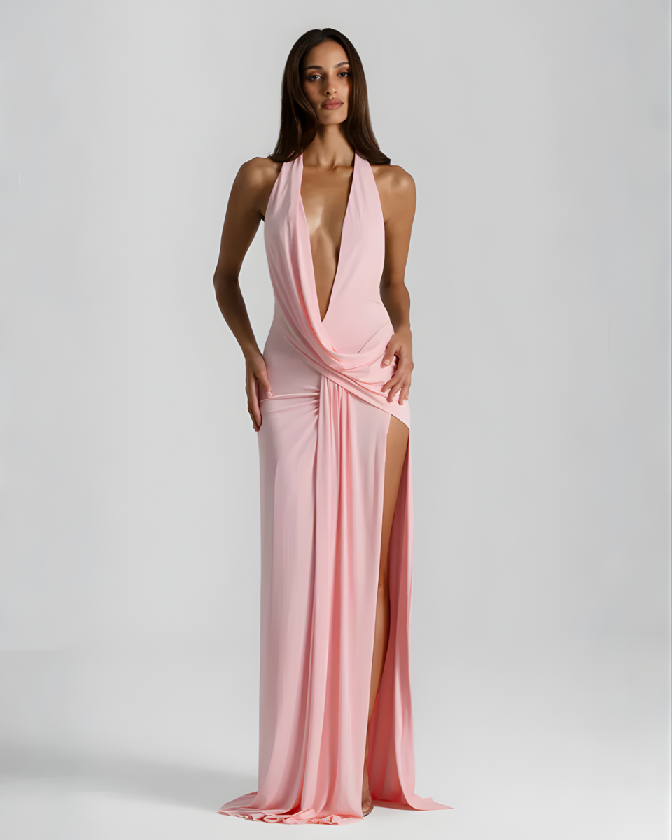 Anouk | Halter Neck Maxi Dress | Backless, High Slit | Evening & Wedding
