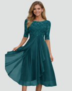 Cocktail Dress Women Midi Lace Top Tulle Skirt Three Quarter Sleeve