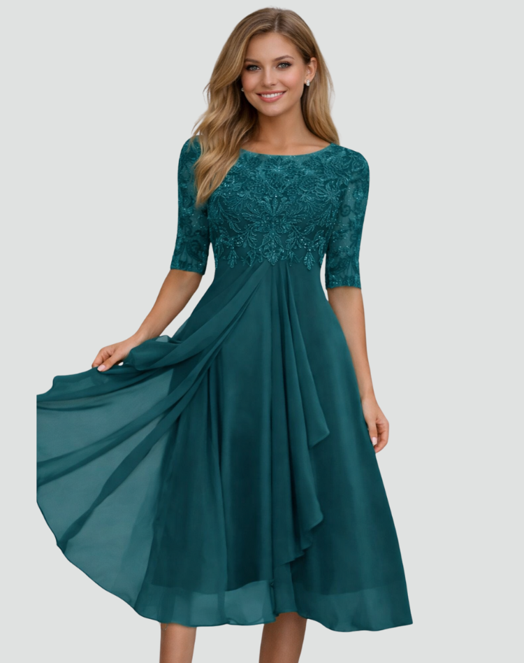 Cocktail Dress Women Midi Lace Top Tulle Skirt Three Quarter Sleeve