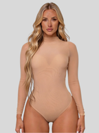 Tamsin | Women's Mesh Bodysuit | Harness Layering, Long Sleeve | Nude, Black