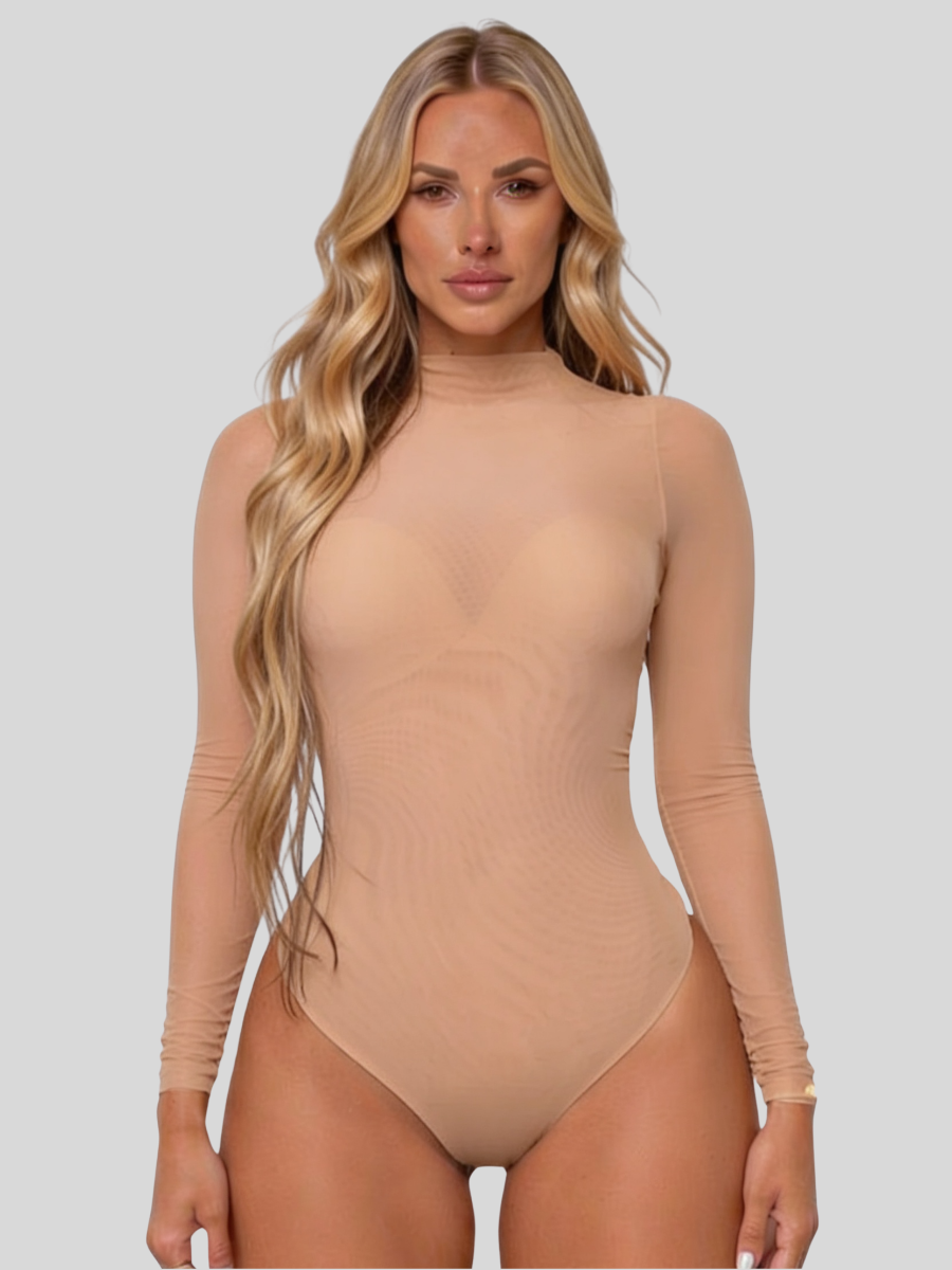 Tamsin | Women's Mesh Bodysuit | Harness Layering, Long Sleeve | Nude, Black