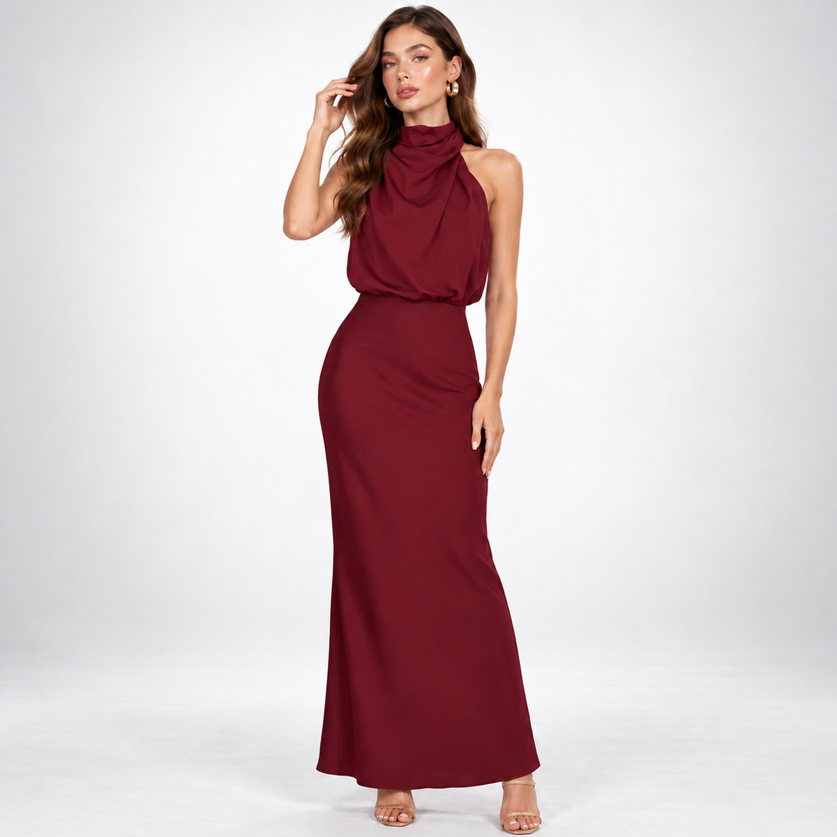 Satin Dress Women Midi Asymmetric Neckline Lightweight