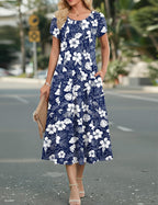 Nora | Women's Midi A-Line Dress | Puff Sleeves, Pockets, Blue