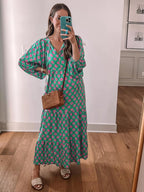 Seraphina | Maxi Boho Dress | Women's V-Neck, Geometric Print | Flowy, Green