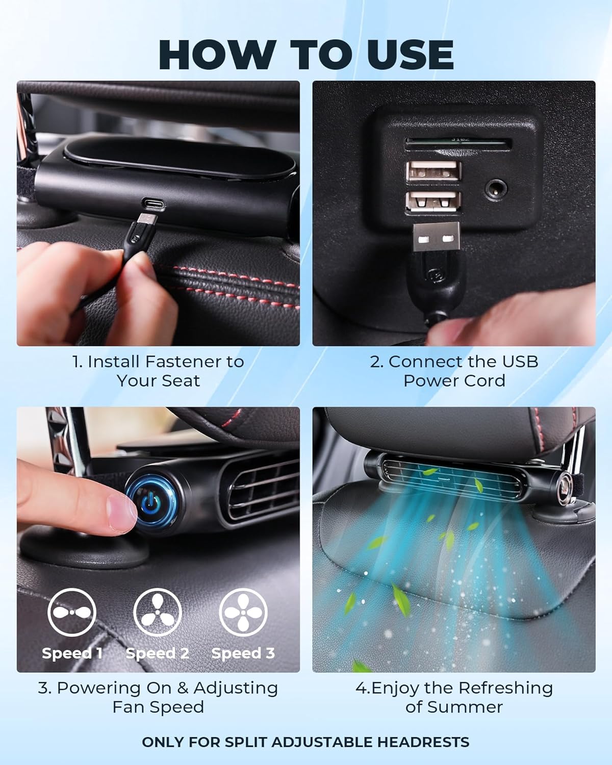 Xanthe | Car Cooling Fan | USB, Headrest Mount, 3 Speeds | Bladeless, Twin Pack