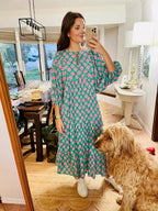 Seraphina | Maxi Boho Dress | Women's V-Neck, Geometric Print | Flowy, Green