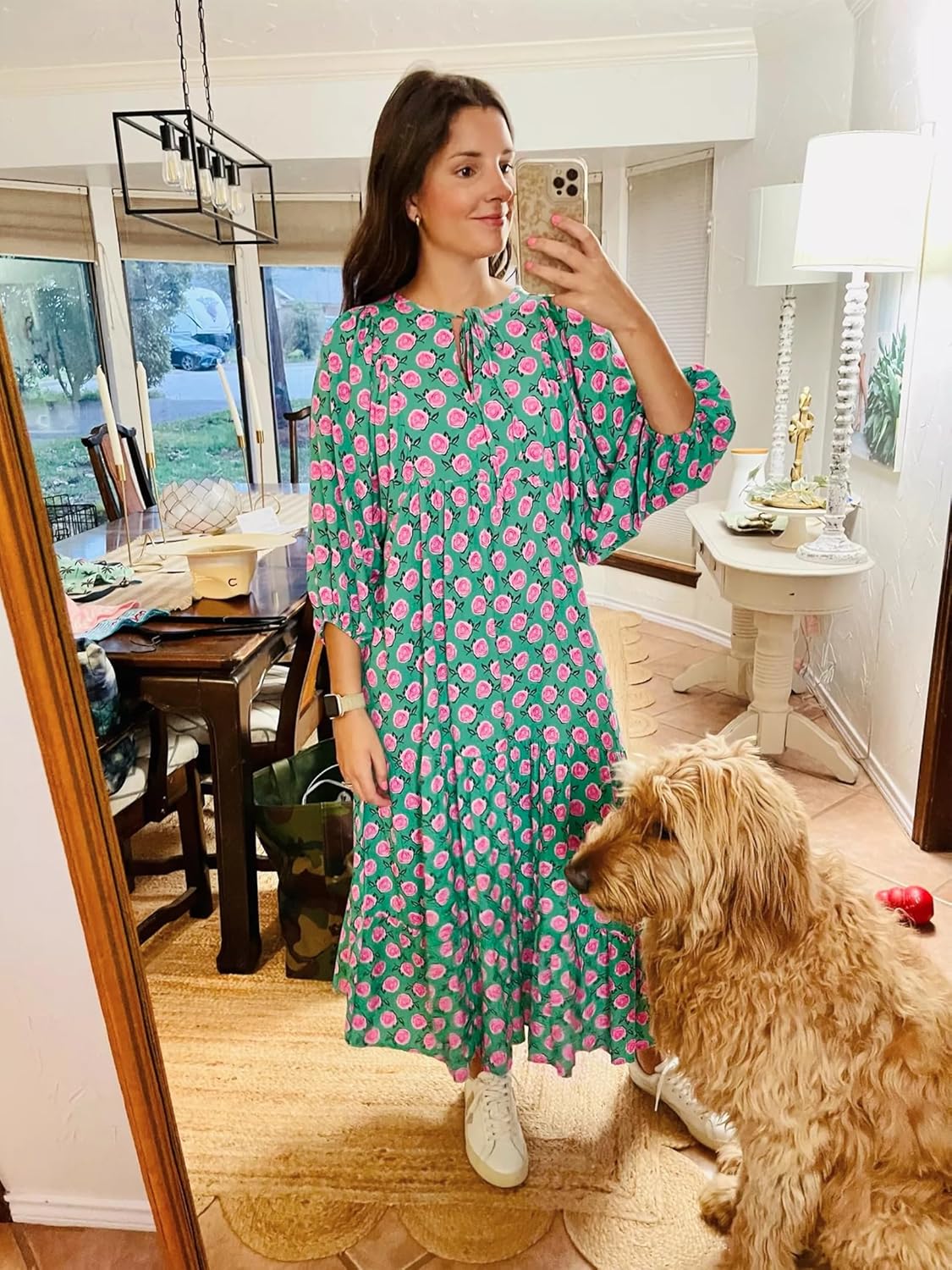 Seraphina | Maxi Boho Dress | Women's V-Neck, Geometric Print | Flowy, Green