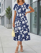 Nora | Women's Midi A-Line Dress | Puff Sleeves, Pockets, Blue