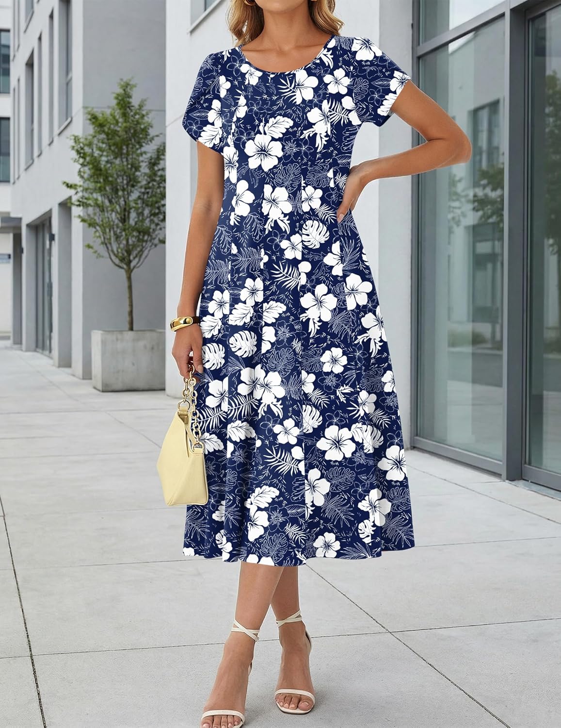 Nora | Women's Midi A-Line Dress | Puff Sleeves, Pockets, Blue