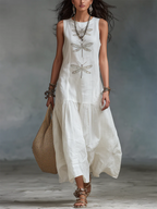 Linen Dress Women Long Cotton Blend Bohemian Dragonfly Embroidered