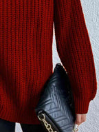 Women Ribbed Knit Turtleneck Sweater Side Slit
