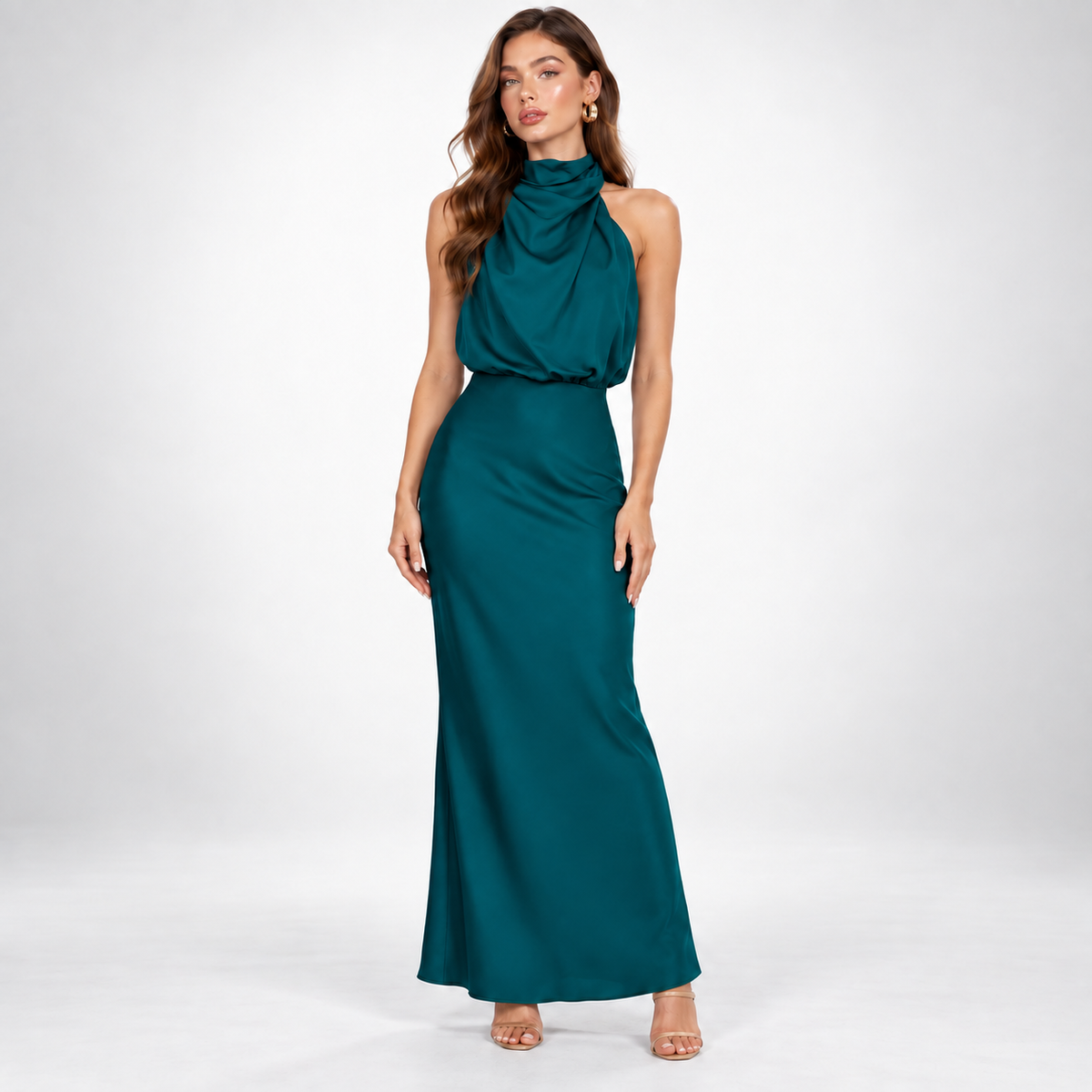 Satin Dress Women Midi Asymmetric Neckline Lightweight