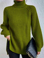 Women Ribbed Knit Turtleneck Sweater Side Slit