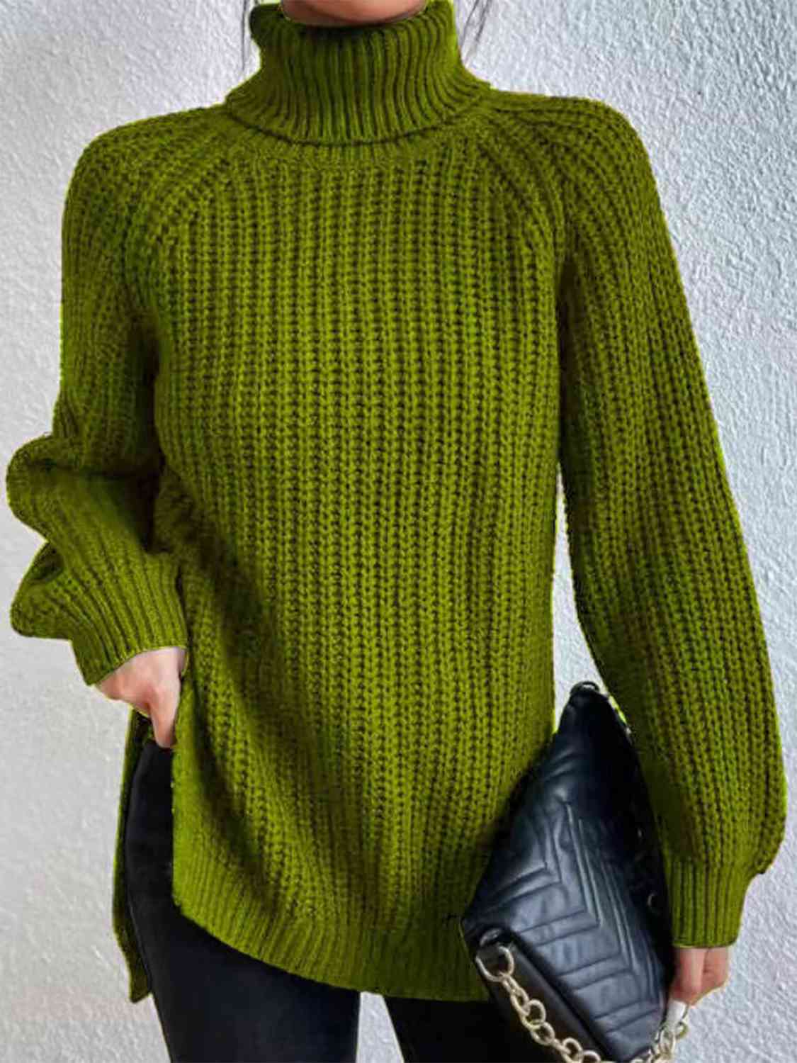 Women Ribbed Knit Turtleneck Sweater Side Slit