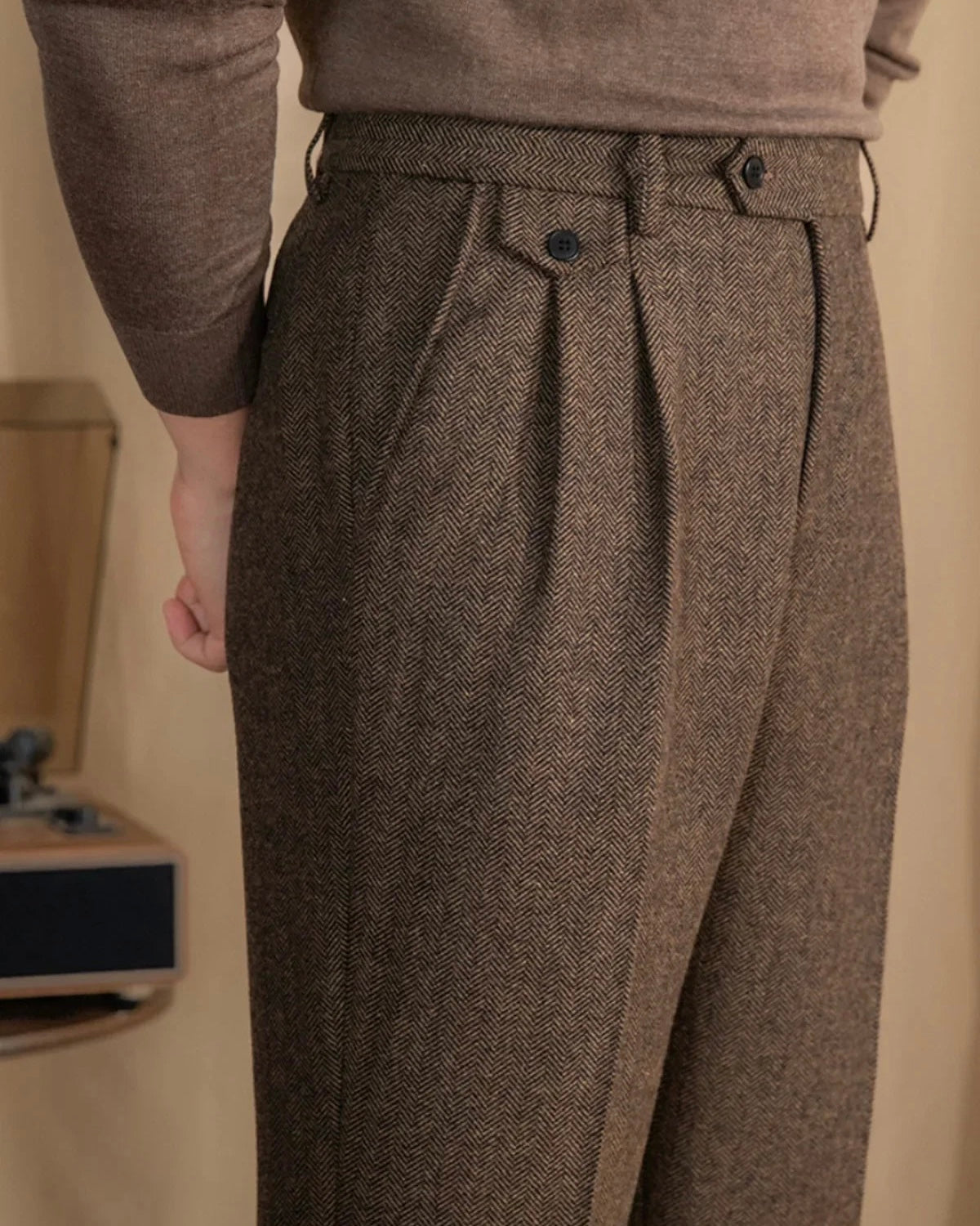 Esma | Men's Wool Trousers | High Waist, Pleated Front | Herringbone
