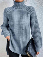 Women Ribbed Knit Turtleneck Sweater Side Slit