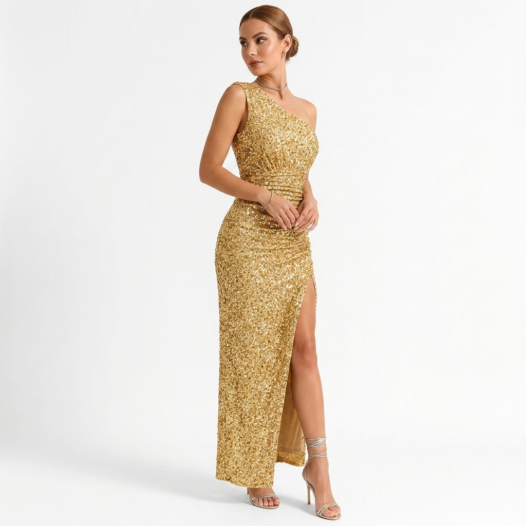 Cocktail Dress Women One Shoulder Fitted Side Slit Asymmetric Neckline