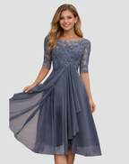 Cocktail Dress Women Midi Lace Top Tulle Skirt Three Quarter Sleeve