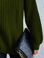 Women Ribbed Knit Turtleneck Sweater Side Slit