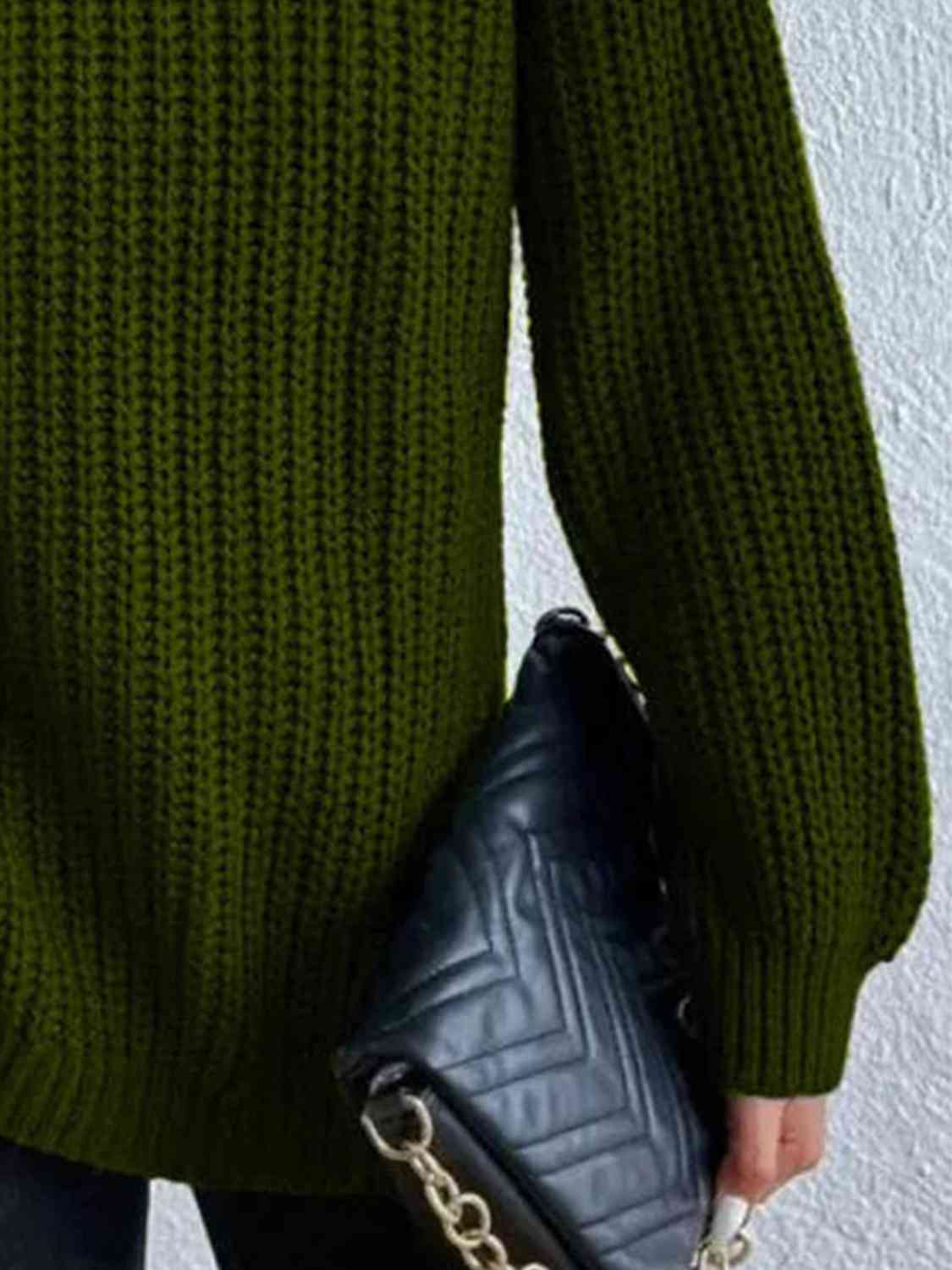 Women Ribbed Knit Turtleneck Sweater Side Slit