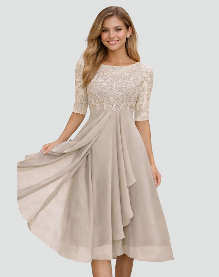 Cocktail Dress Women Midi Lace Top Tulle Skirt Three Quarter Sleeve