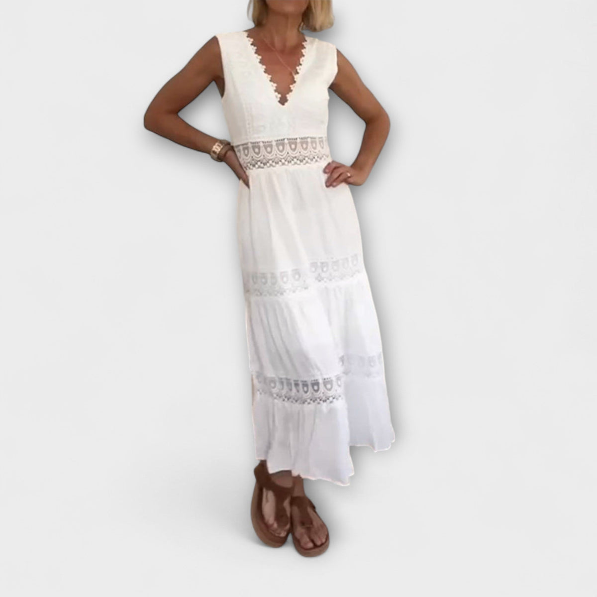 Women Lace Dress V-Neck Sleeveless Midi A-Line | Zinnia