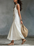 Linen Dress Women Long Cotton Blend Bohemian Dragonfly Embroidered
