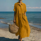 Summer Dress Women Cotton Collared Midi Button Down Shirt Dress