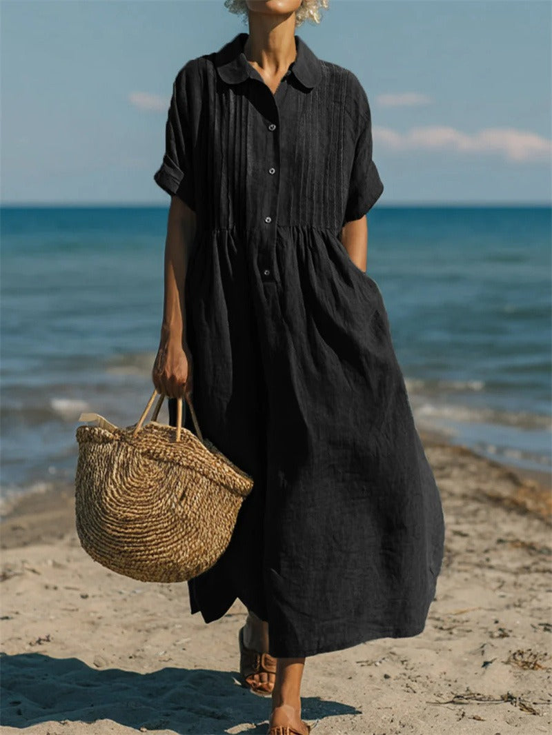 Women Linen Dress Button Front Flowy Midi | Yasmin