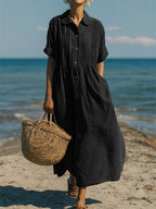 Summer Dress Women Cotton Collared Midi Button Down Shirt Dress