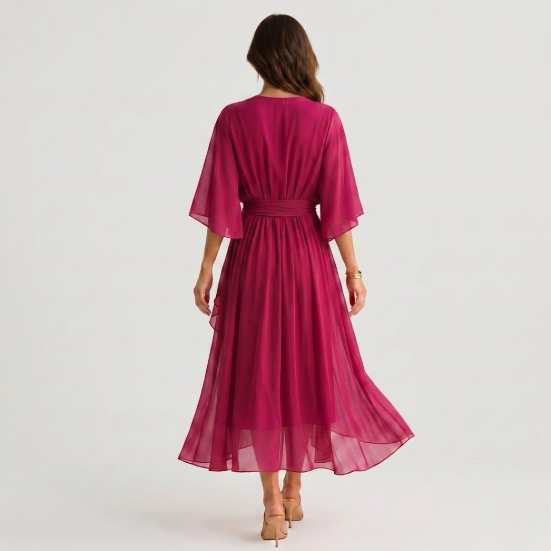 Midi Dress V Neck Wrap Waist Tie Layered Hem | Honor