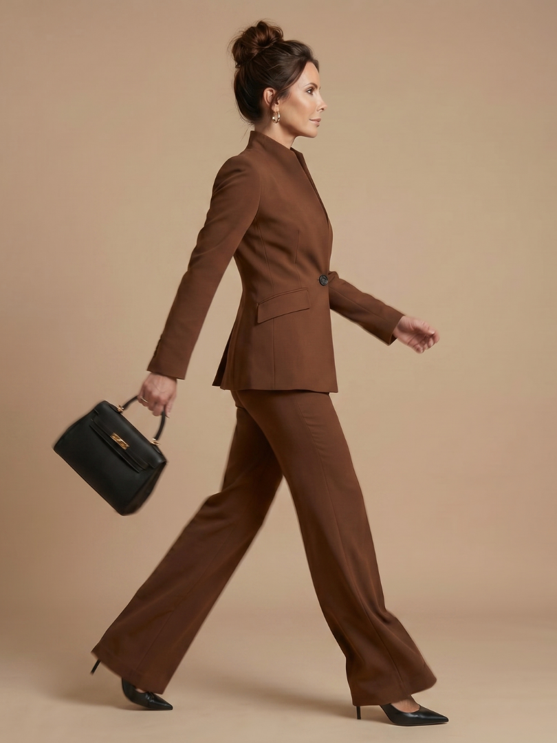 Women 2 Piece Suit Stand Collar Flared Trousers