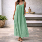 Linen Dress Women Sleeveless Long Maxi Cotton Blend Open Back