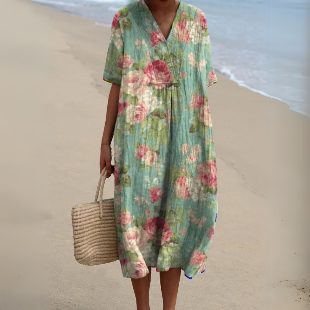Summer Dress Women V Neck Cotton Linen Blend Floral Print Lightweight