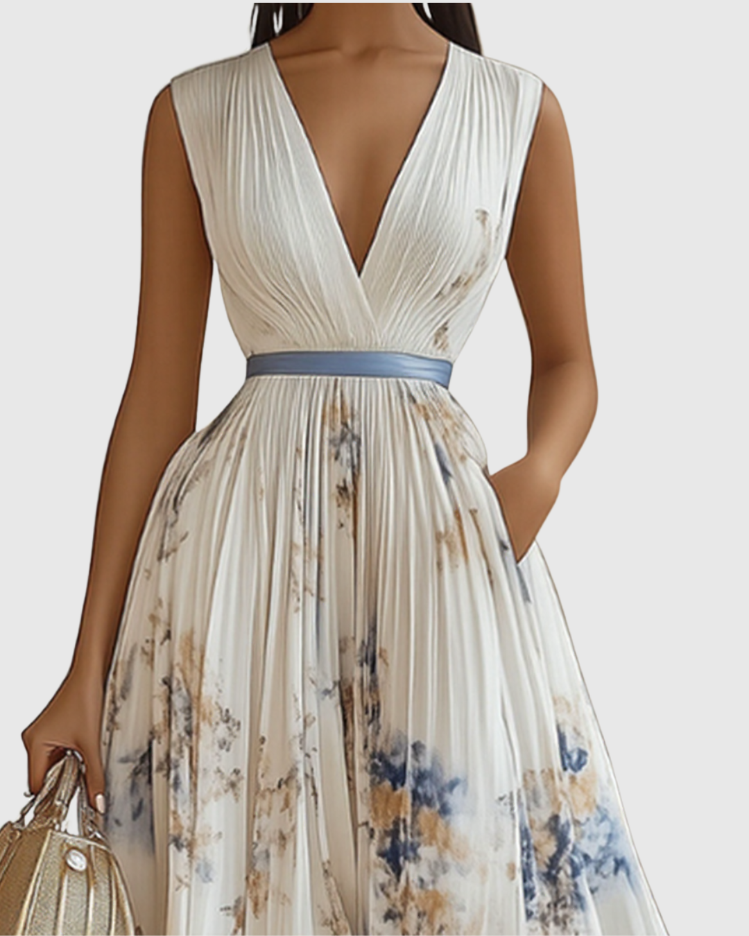 Posy | Maxi Dress | Pleated, V-Neck, Long Sleeve | Ribbon-Tie Waist
