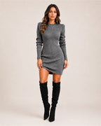 Women Long Sleeve Dress Ribbed Knit Midi Fitted Crew Neck | Hazel