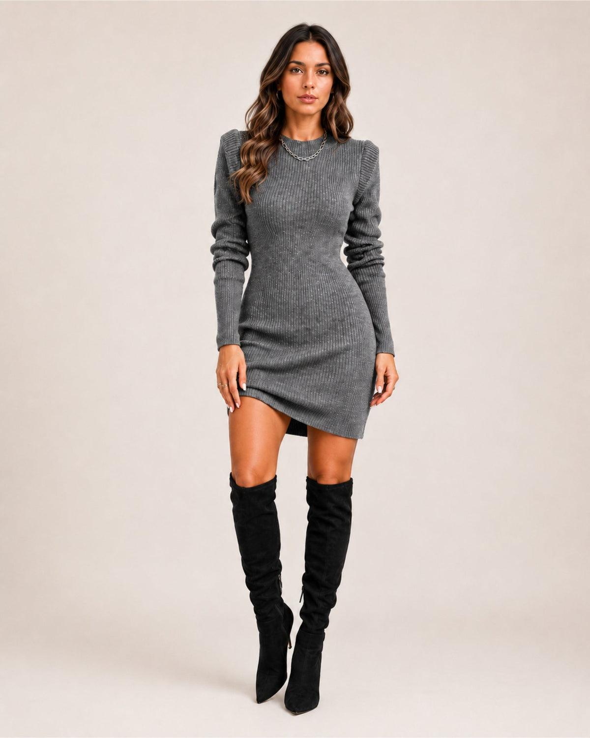 Women Long Sleeve Dress Ribbed Knit Midi Fitted Crew Neck | Hazel