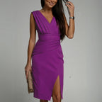 Summer Dress | Women Cocktail Crossover V Neck Pleated Fitted