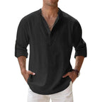 Men Linen Shirt Henley Lightweight Long Sleeve Button Neck Casual