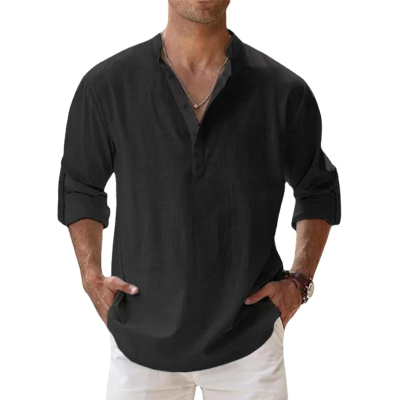 Men Linen Shirt Henley Lightweight Long Sleeve Button Neck Casual