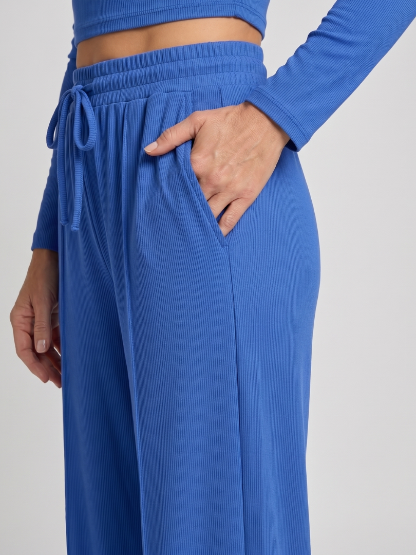Women 2 Piece Long Sleeve Crop Top Wide Leg Pants Set