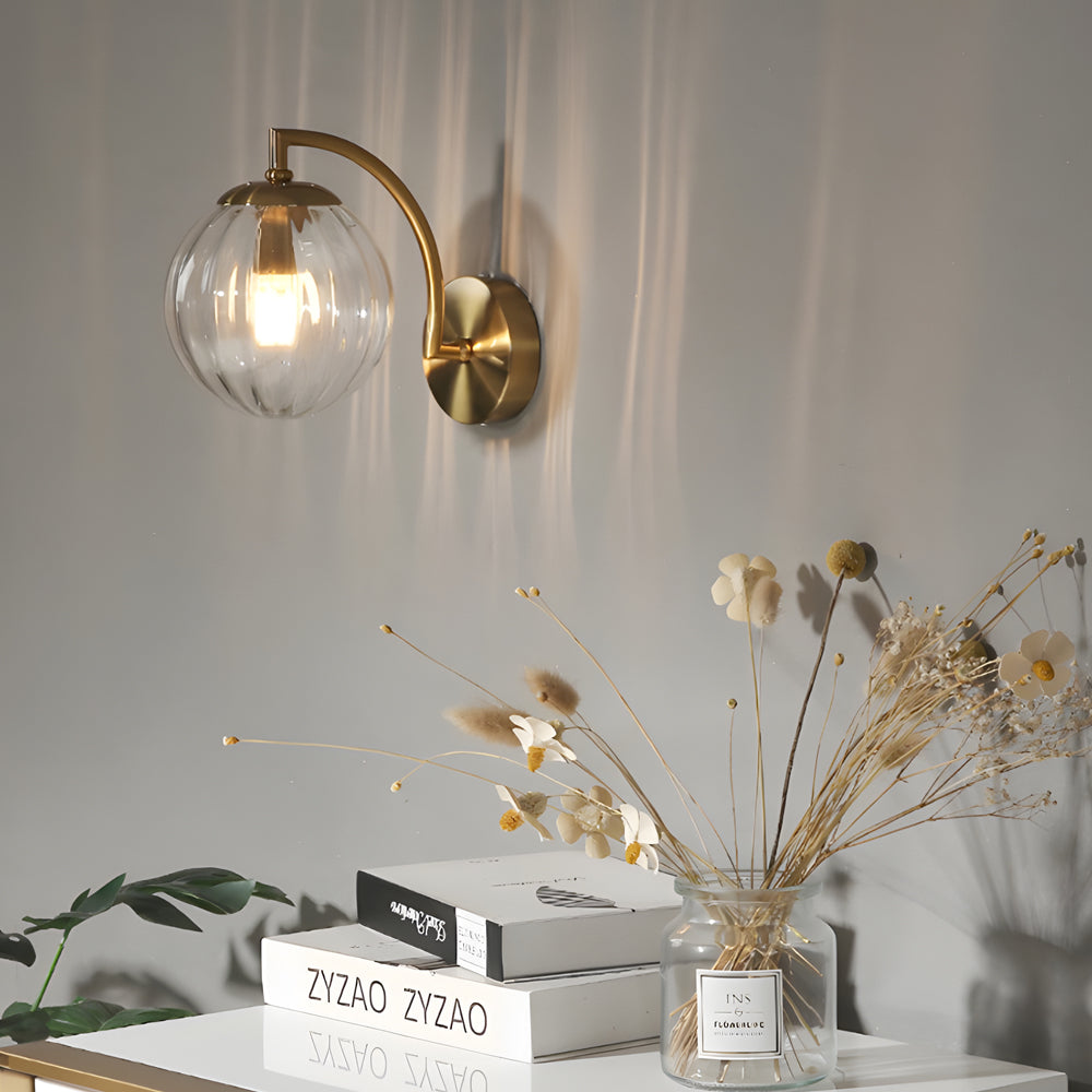 Luna | Wall Lamp | Curved Arm, Spherical Ribbed Glass Shade, 1-Light