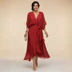 Midi Dress Women Lightweight Flowy Relaxed Fit V Neck Flared Hem