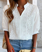 Eira | Women's Blouse | V-Neck, Puff Sleeves | Cotton Mix, Patchwork