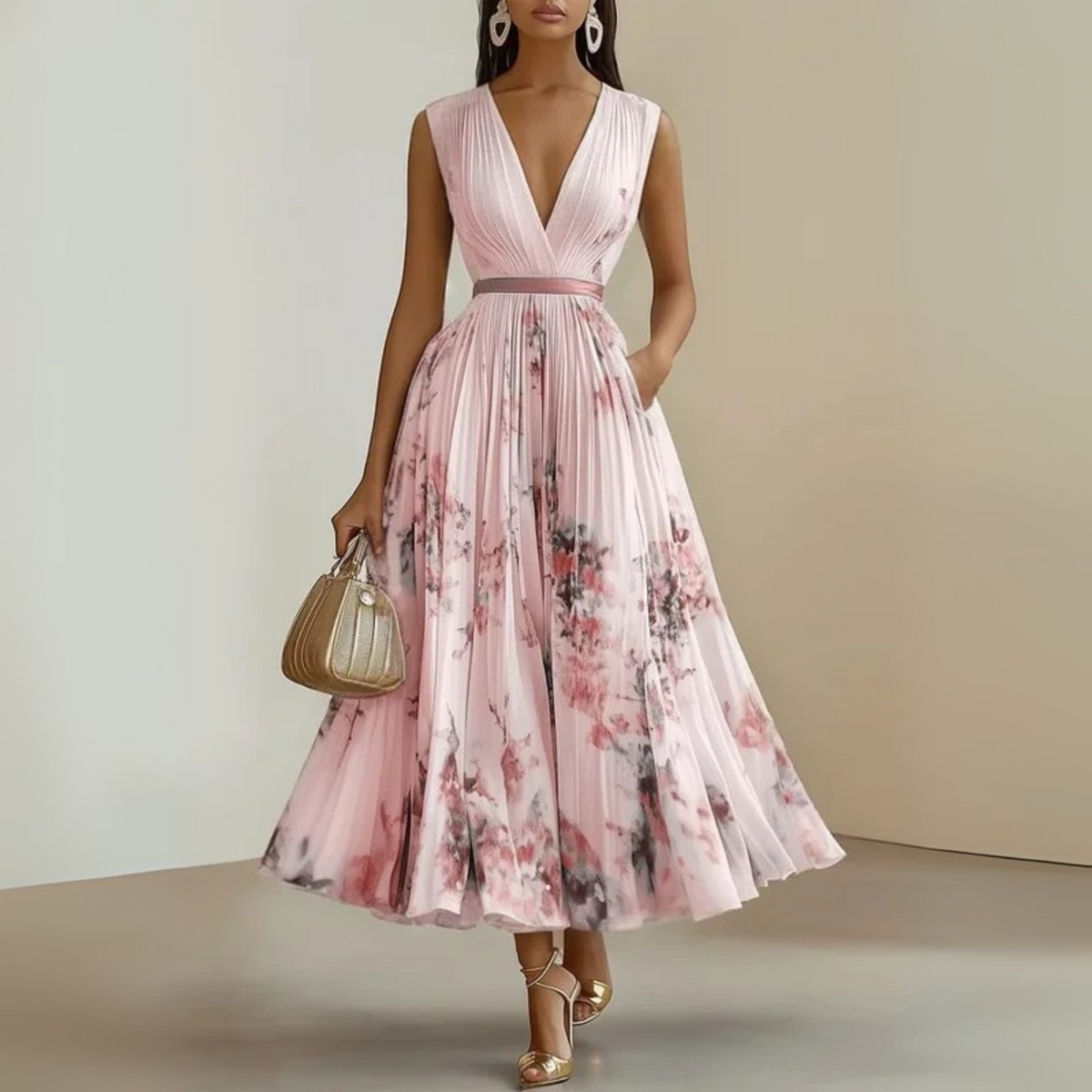 Women Flowy Midi Dress Pleated