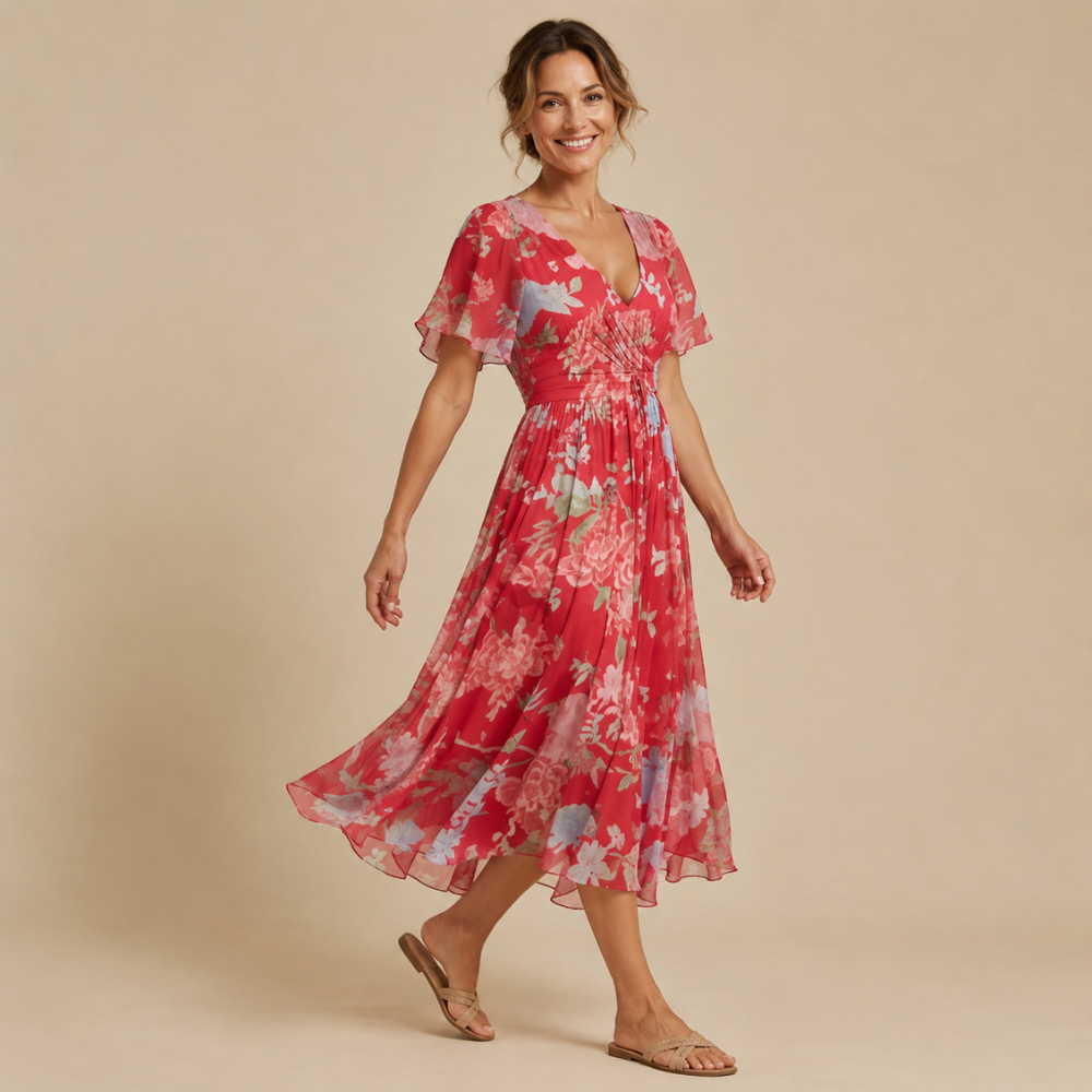 Floral Midi Dress Women Lightweight Stretch V Neck Empire Waist