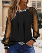 Sequin Top Women Long Sleeve Round Neck Cotton Blend Mesh Blouse