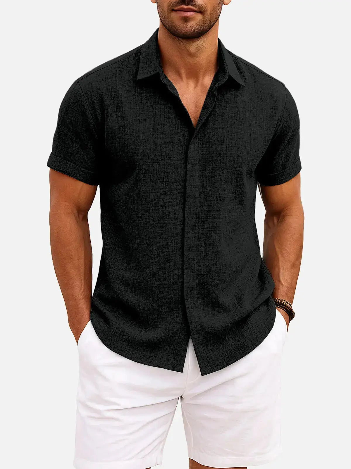 Linen Shirt Men Short Sleeve Button Down Regular Fit Cotton Blend