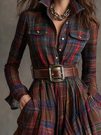 Shirt Dress Women Plaid Button Down Lapel Midi | Indra