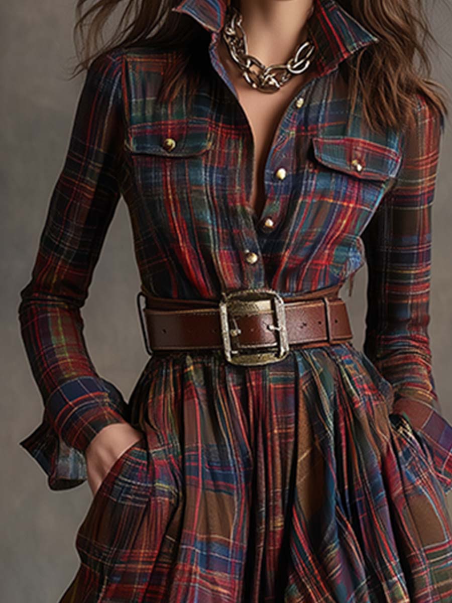 Shirt Dress Women Plaid Button Down Lapel Midi | Indra